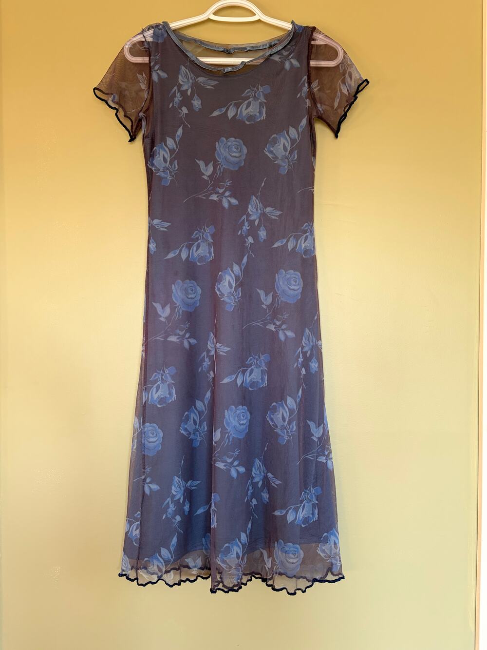 90s Y2K Vintage Grunge N.O.W. Concepts Blue Rose Mesh Maxi Dress Made in Canada